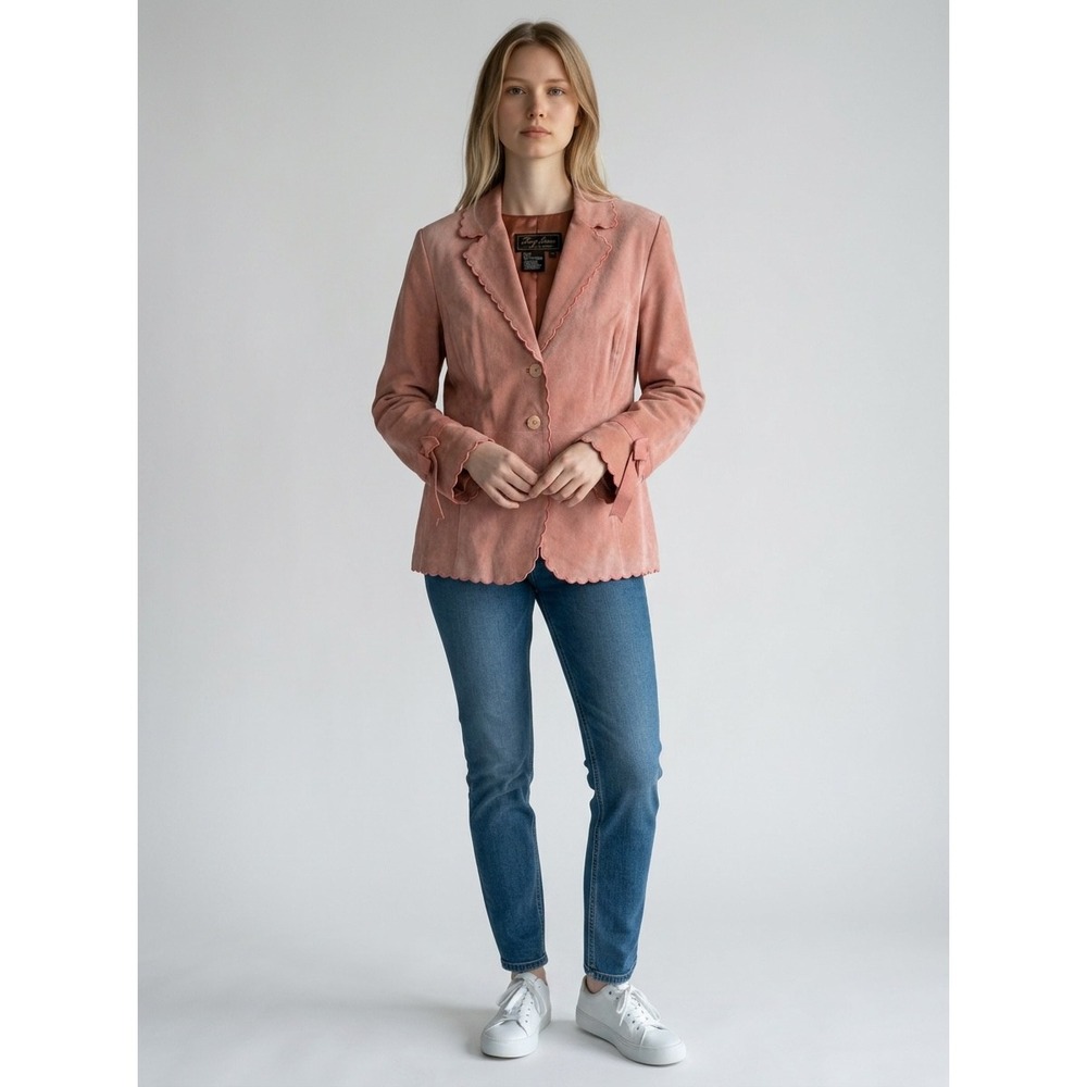 VTG Terry Lewis Classic Luxuries Pink Suede Leather Scalloped Jacket Blazer 1XP